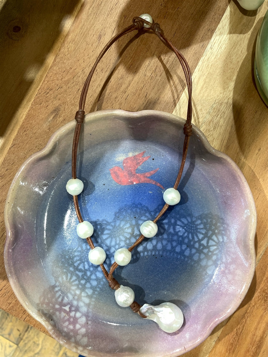 Wendy Mignot Ginger Drop Freshwater Pearl and Leather Necklace