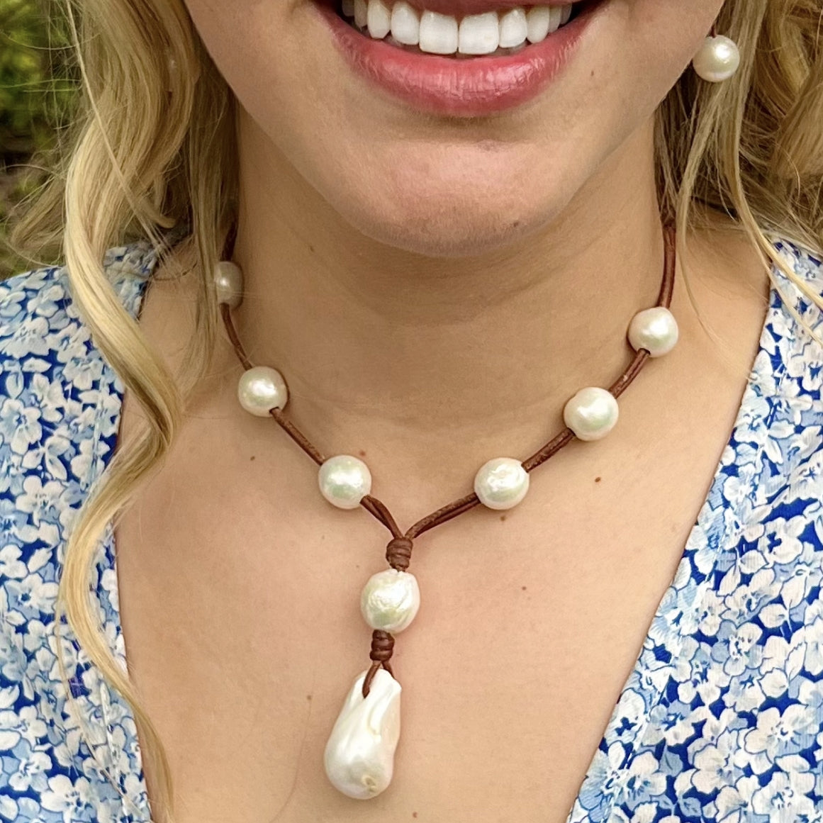 Wendy Mignot Ginger Drop Freshwater Pearl and Leather Necklace