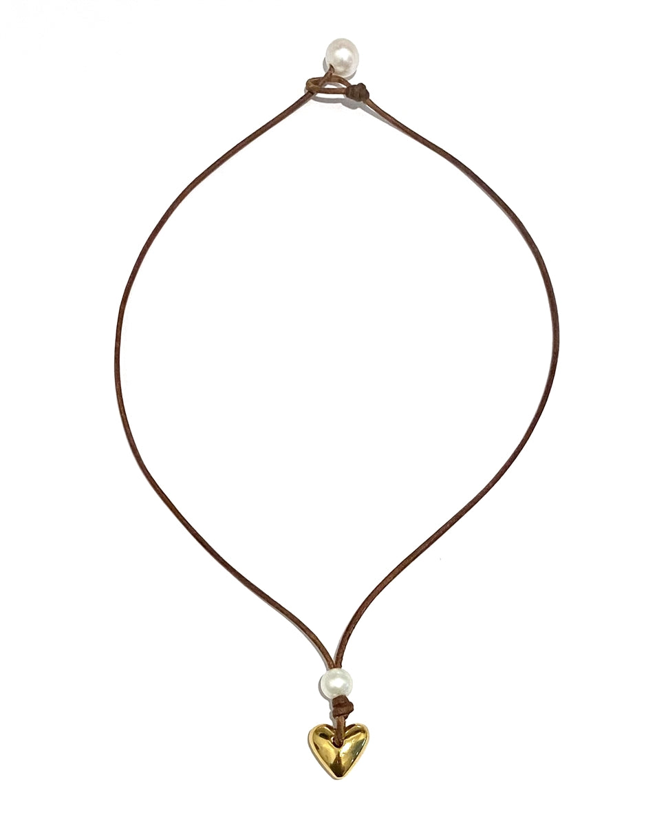 Wendy Mignot Heart & Soul Freshwater Pearl and Leather with Gold Heart Saba Necklace