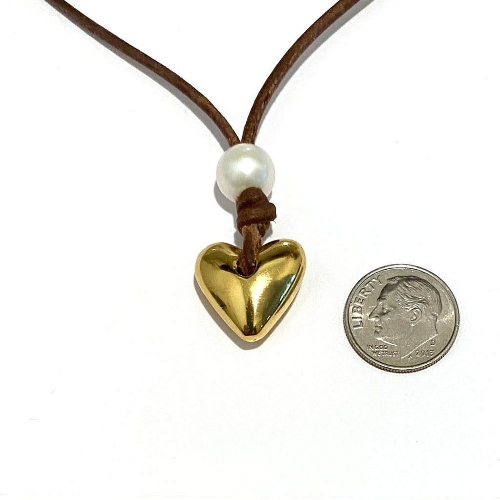 Wendy Mignot Heart & Soul Freshwater Pearl and Leather with Gold Heart Saba Necklace