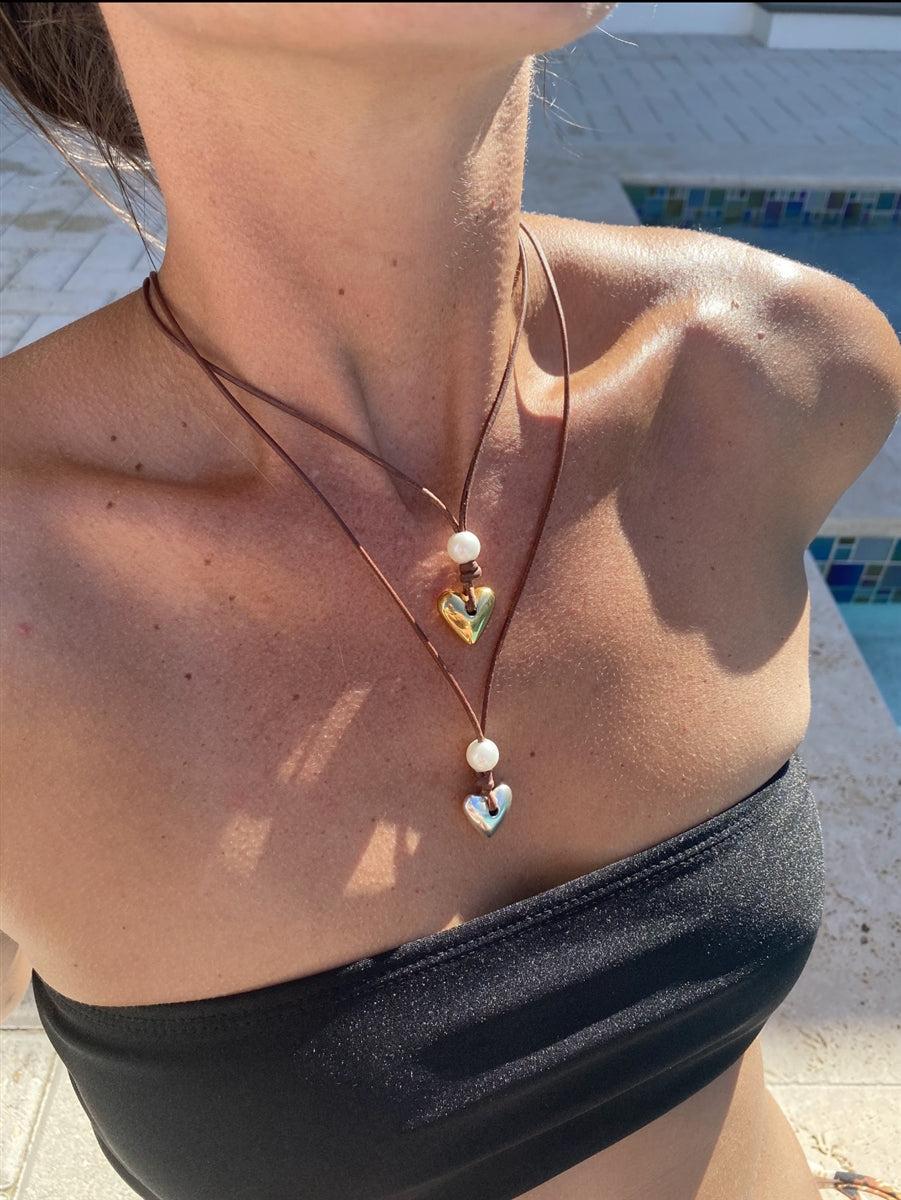 Wendy Mignot Heart & Soul Freshwater Pearl and Leather with Gold Heart Saba Necklace