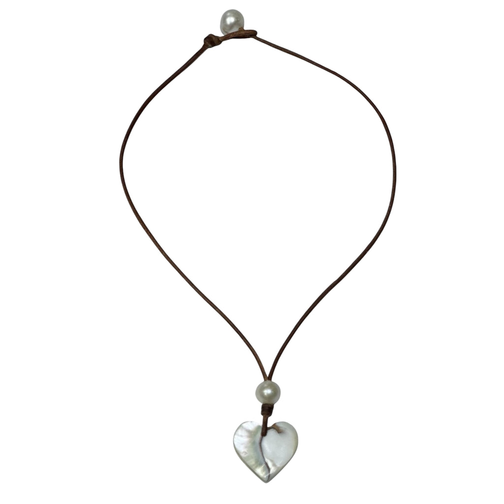 Wendy Mignot Nautilus Shell Heart and Freshwater Pearl and Leather Love Saba Necklace