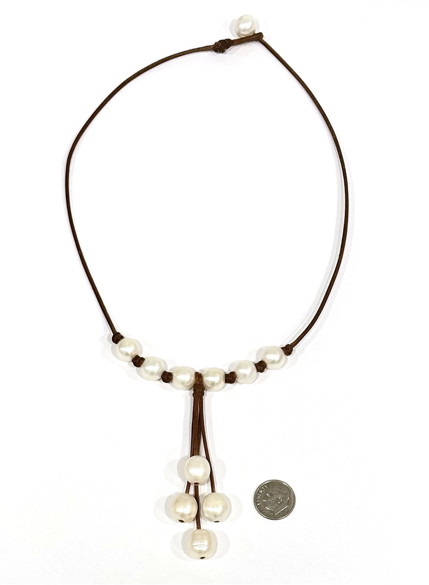 Wendy Mignot Maiko Freshwater Pearl and Leather Necklace with knots