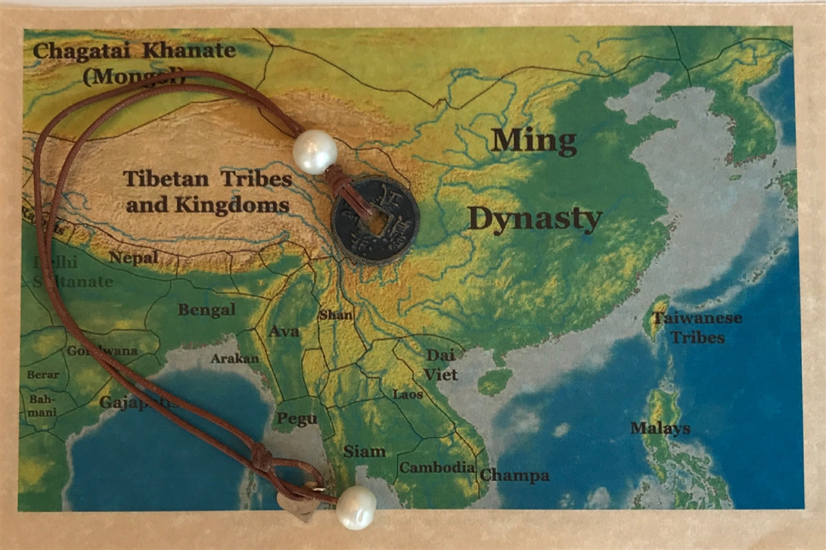 Wendy Mignot Ming Dynasty Bronze Coin and Freshwater Pearl and Leather Necklace