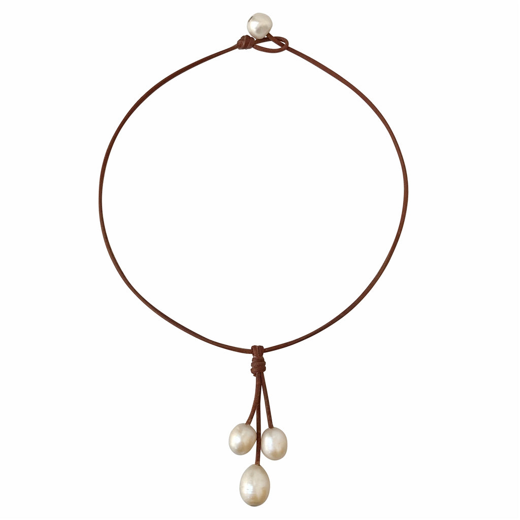 Wendy Mignot Rain Three Freshwater Pearl and Leather Necklace White