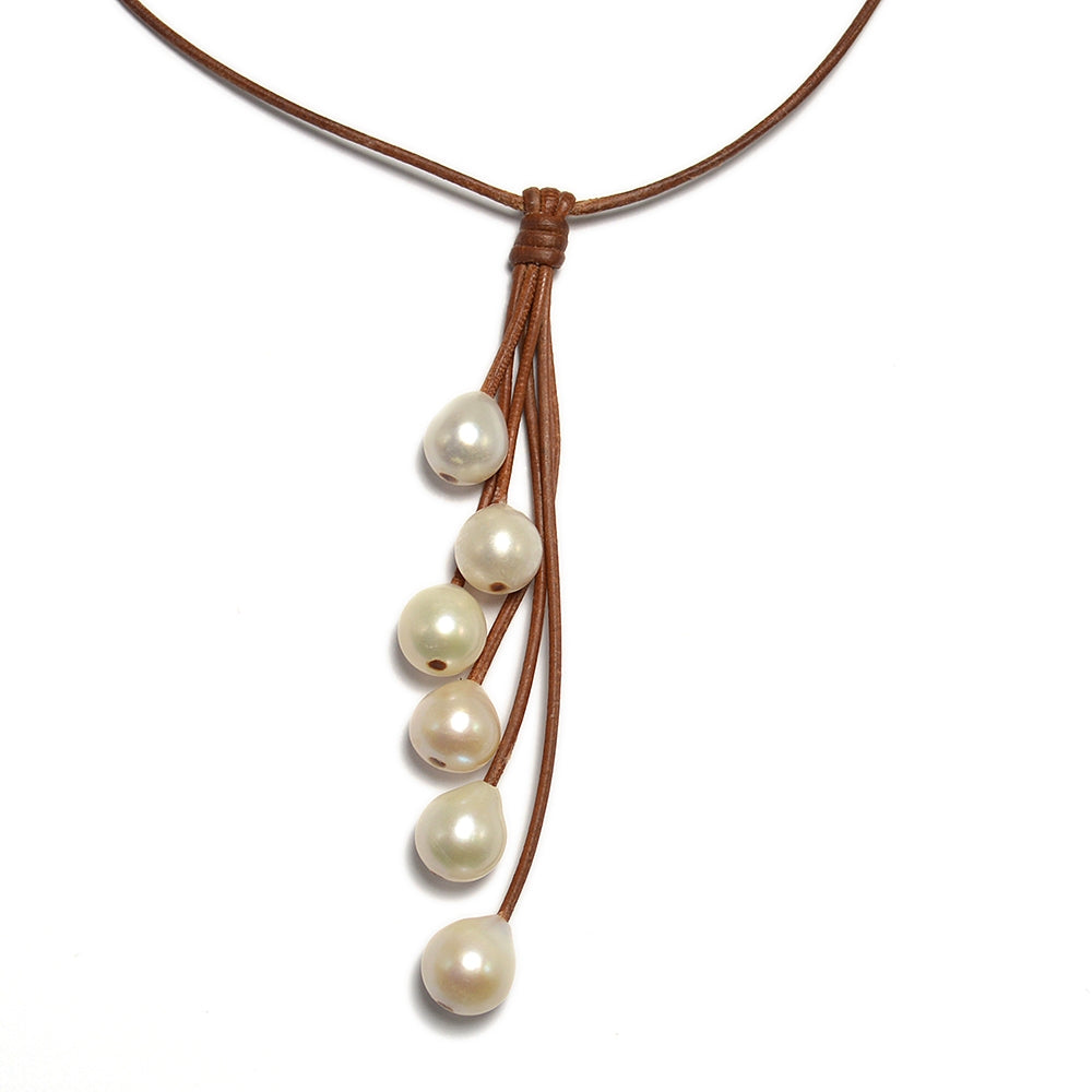 Wendy Mignot Rain Six Freshwater Pearl and Leather Necklace White
