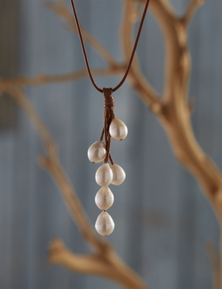 Wendy Mignot Rain Six Freshwater Pearl and Leather Necklace White