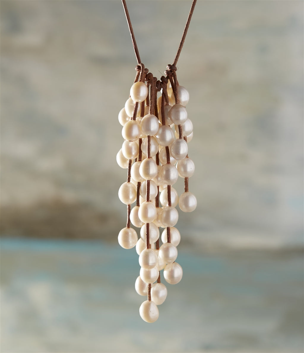 Wendy Mignot Rainstorm Fifty-Six Freshwater Pearl and Leather Necklace White