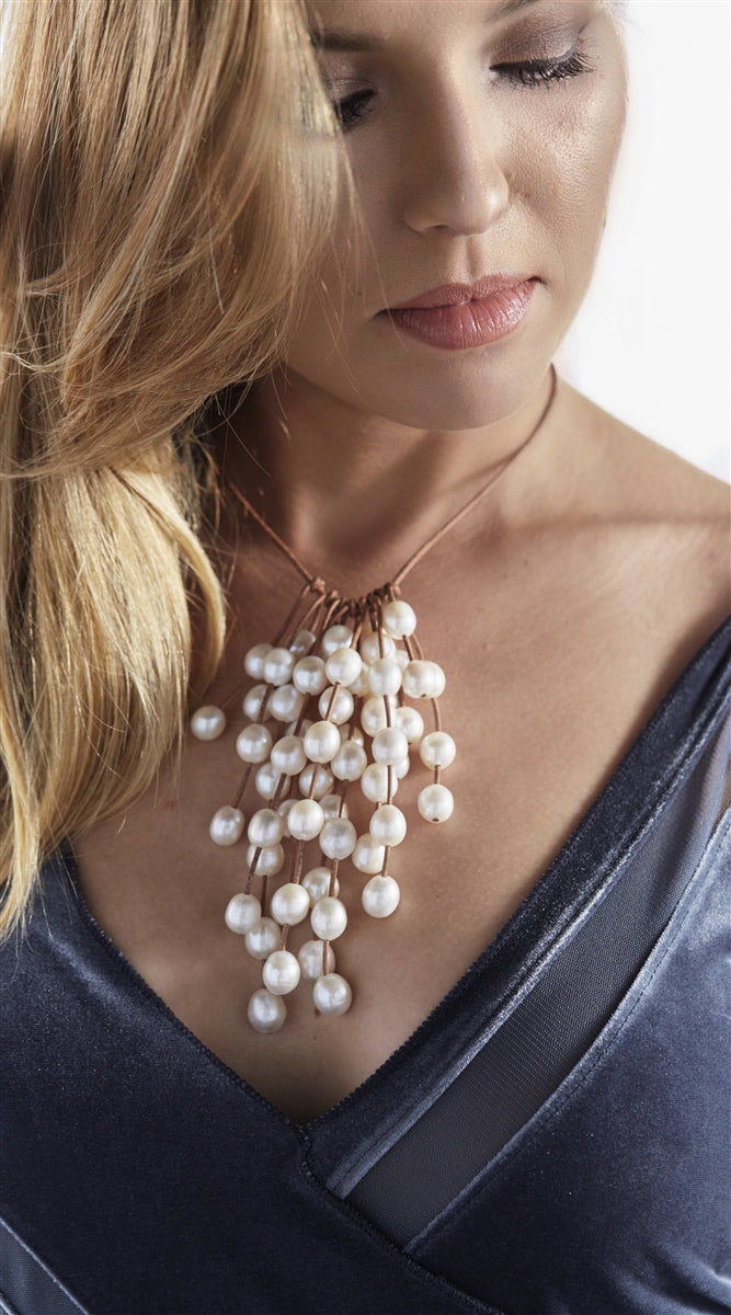 Wendy Mignot Rainstorm Fifty-Six Freshwater Pearl and Leather Necklace White