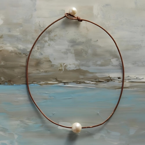 Wendy Mignot Coastal Single Freshwater Pearl and Leather Necklace Choker White