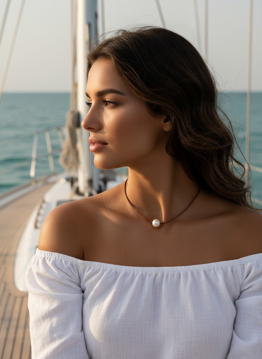Wendy Mignot Coastal Single Freshwater Pearl and Leather Necklace Choker White