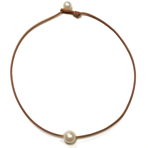 Wendy Mignot Coastal Single Freshwater Pearl and Leather Necklace Choker White