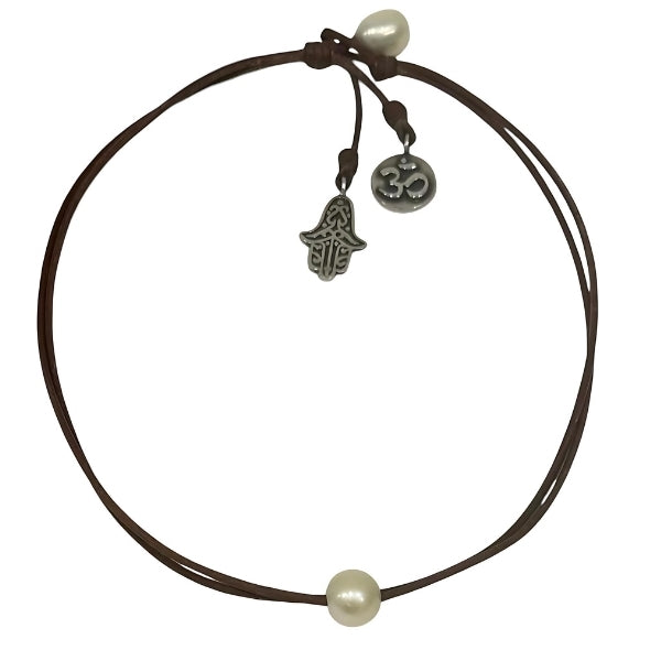photo of Wendy Mignot Signature OM Hamsa Pearl and Leather Necklace