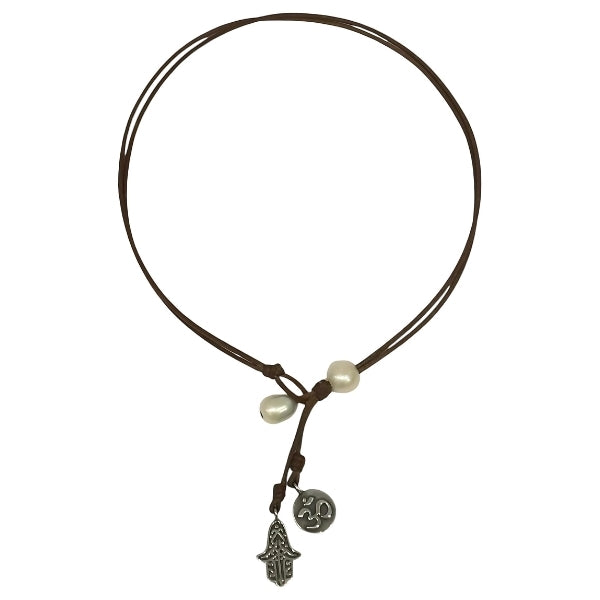 Wendy Mignot Signature OM Hamsa Pearl and Leather Necklace