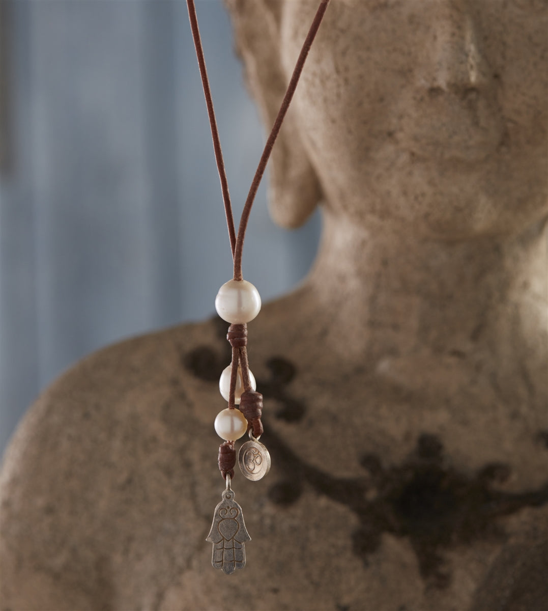 Wendy Mignot Signature OM Hamsa Pearl and Leather Necklace