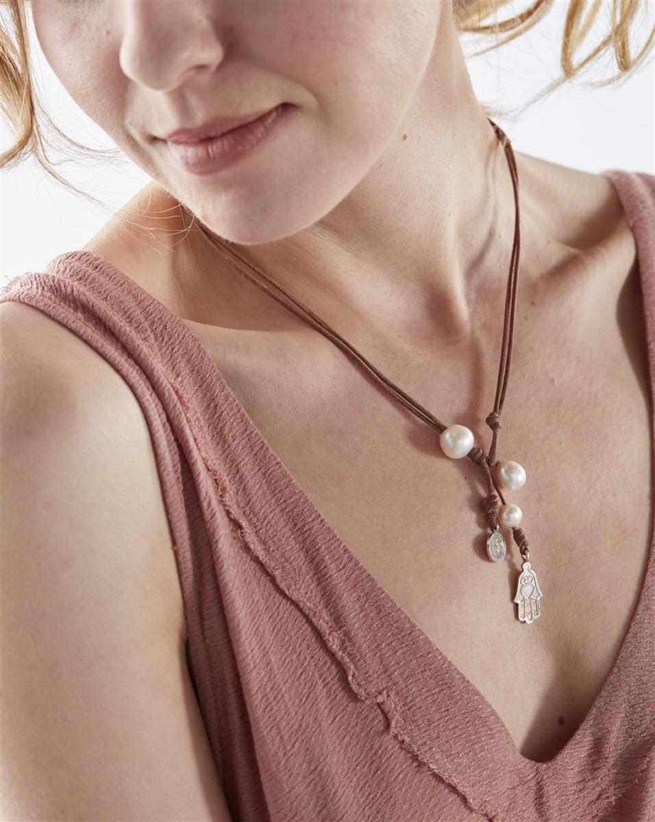 Wendy Mignot Signature OM Hamsa Pearl and Leather Necklace