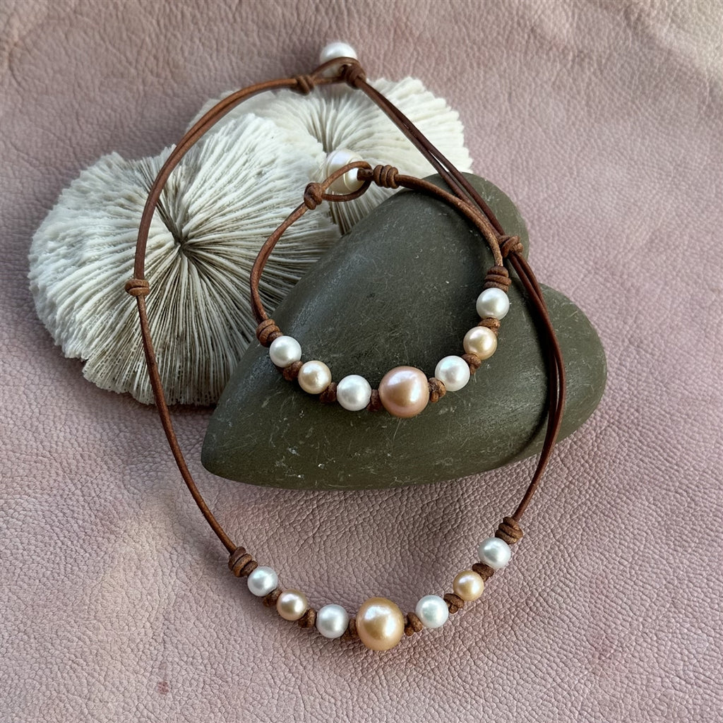 Wendy Mignot Seven Seas Freshwater Pearl and Leather Necklace - blush