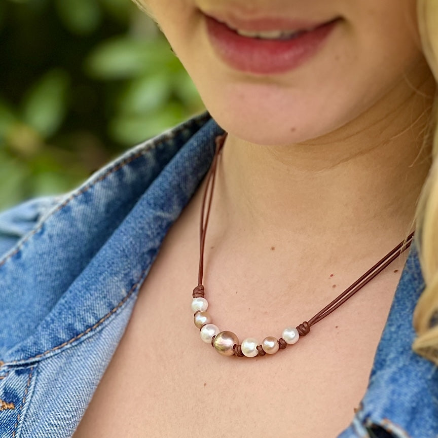 Wendy Mignot Seven Seas Freshwater Pearl and Leather Necklace - blush