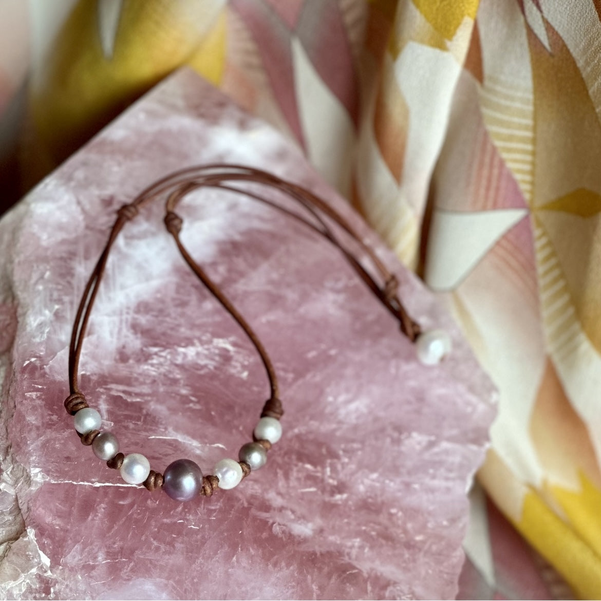 Wendy Mignot Seven Seas Freshwater Pearl and Leather Necklace -purple
