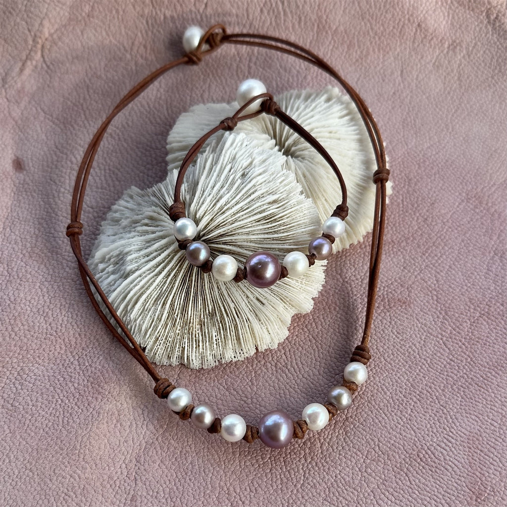 Wendy Mignot Seven Seas Freshwater Pearl and Leather Necklace -purple