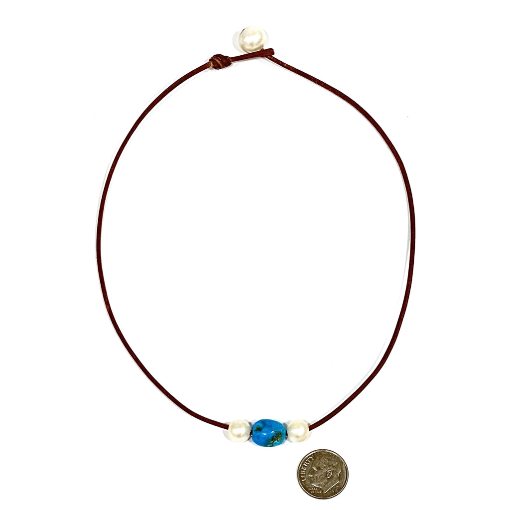 Wendy Mignot Freshwater Pearl and Leather with Turquoise Necklace
