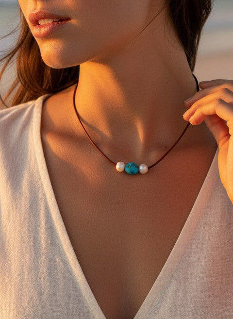Wendy Mignot Freshwater Pearl and Leather with Turquoise Necklace
