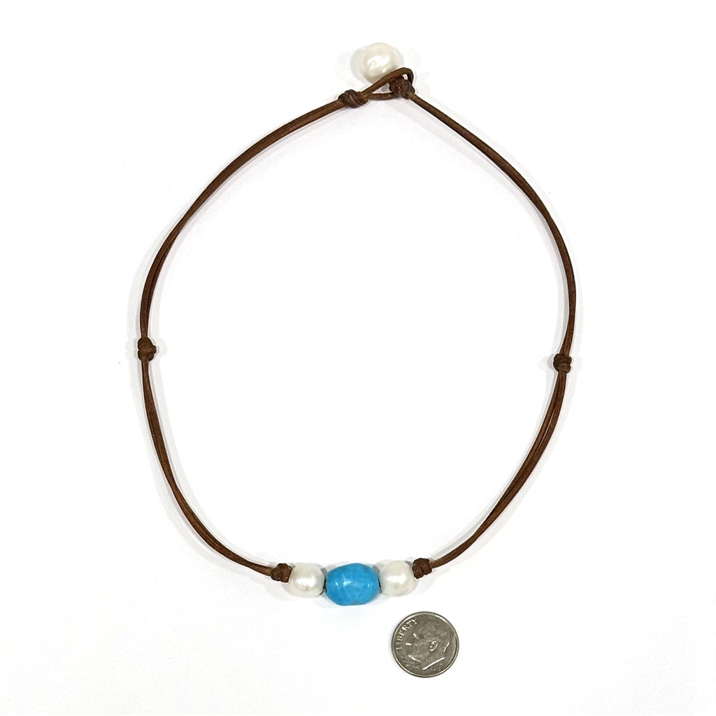 Wendy Mignot Freshwater Pearl and Leather with Turquoise Necklace with knots