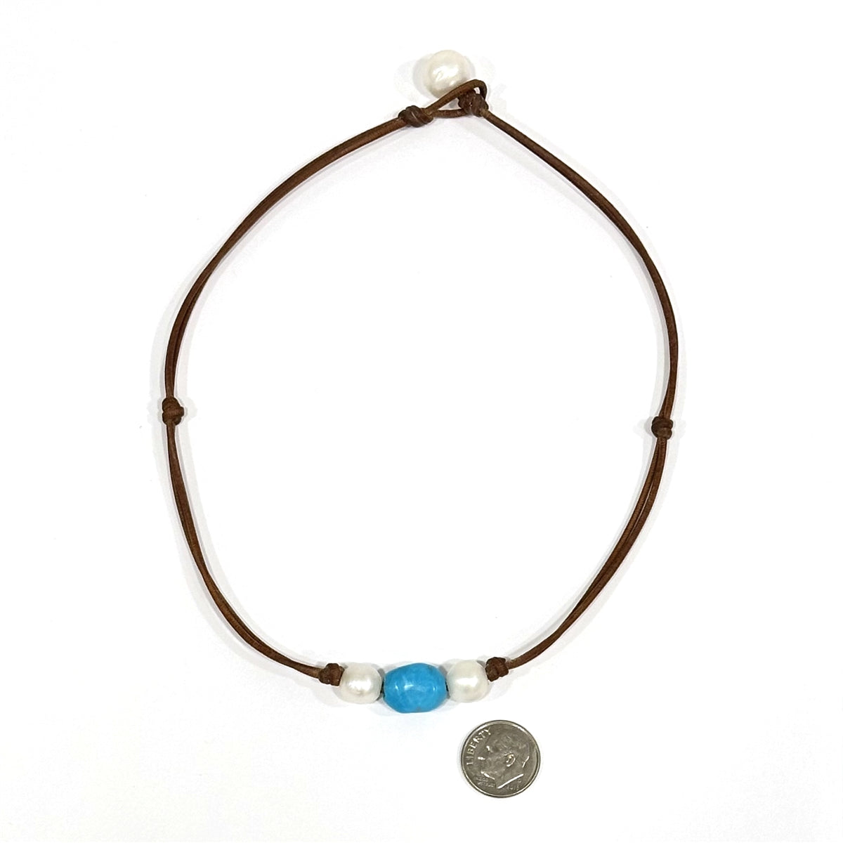 Wendy Mignot Freshwater Pearl and Leather with Turquoise Necklace with knots