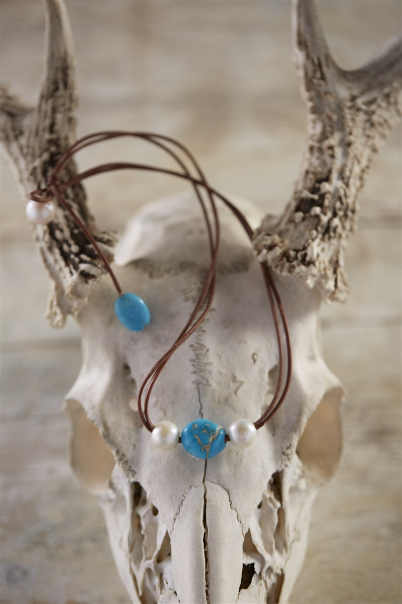 Wendy Mignot Versatile Freshwater Pearl and Leather Necklace with Turquoise, Limited Edition