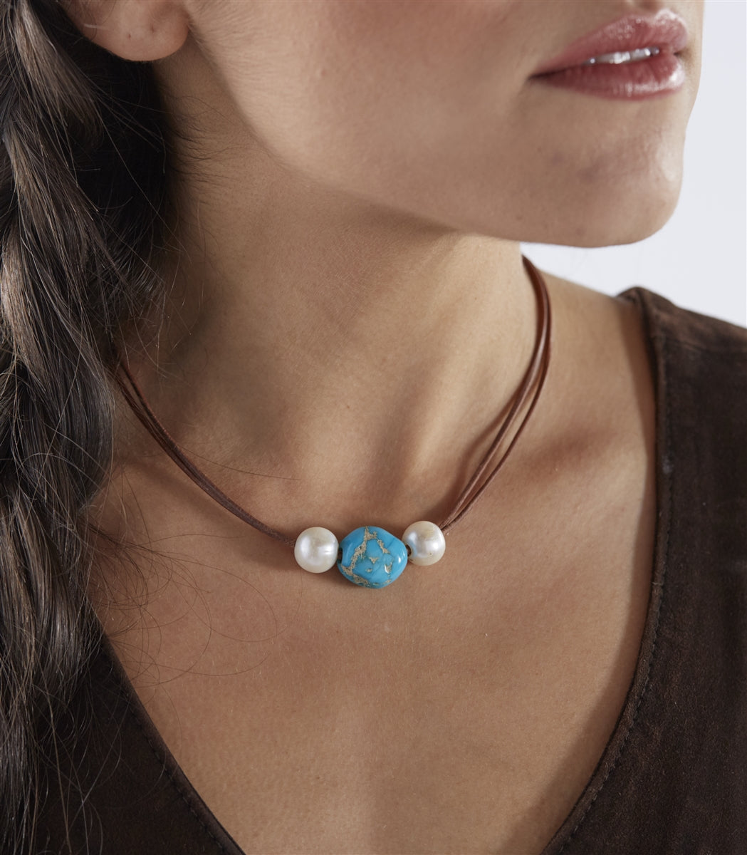 Wendy Mignot Versatile Freshwater Pearl and Leather Necklace with Turquoise, Limited Edition