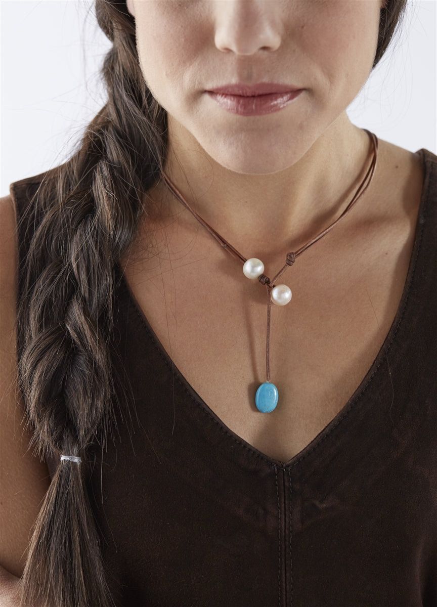 Wendy Mignot Versatile Freshwater Pearl and Leather Necklace with Turquoise, Limited Edition