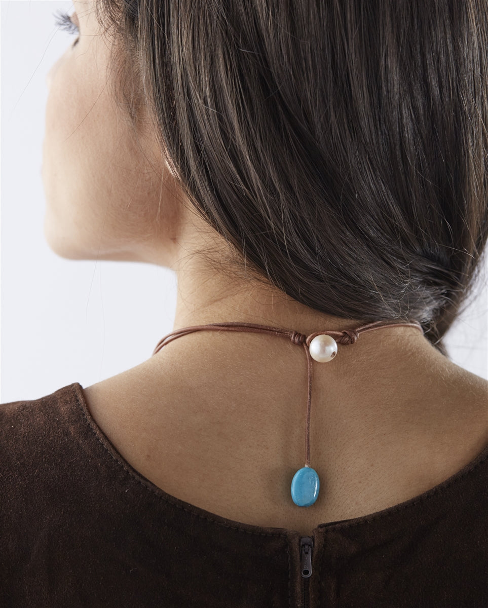 Wendy Mignot Versatile Freshwater Pearl and Leather Necklace with Turquoise, Limited Edition