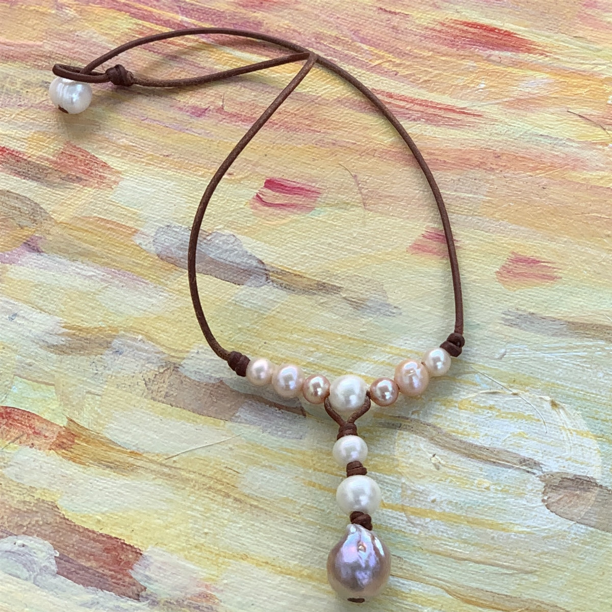 Wendy Mignot Watercolor Freshwater Pearl and Leather Necklace, Limited Edition