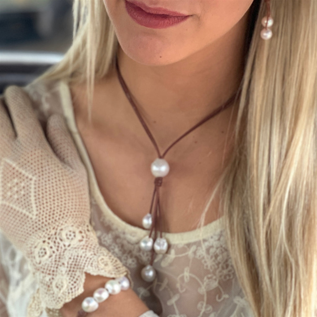 Wendy Mignot Willow Baroque Pearl and Leather Necklace White