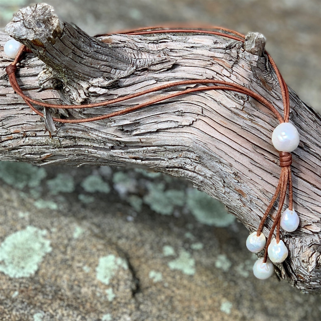 Wendy Mignot Willow Baroque Pearl and Leather Necklace White