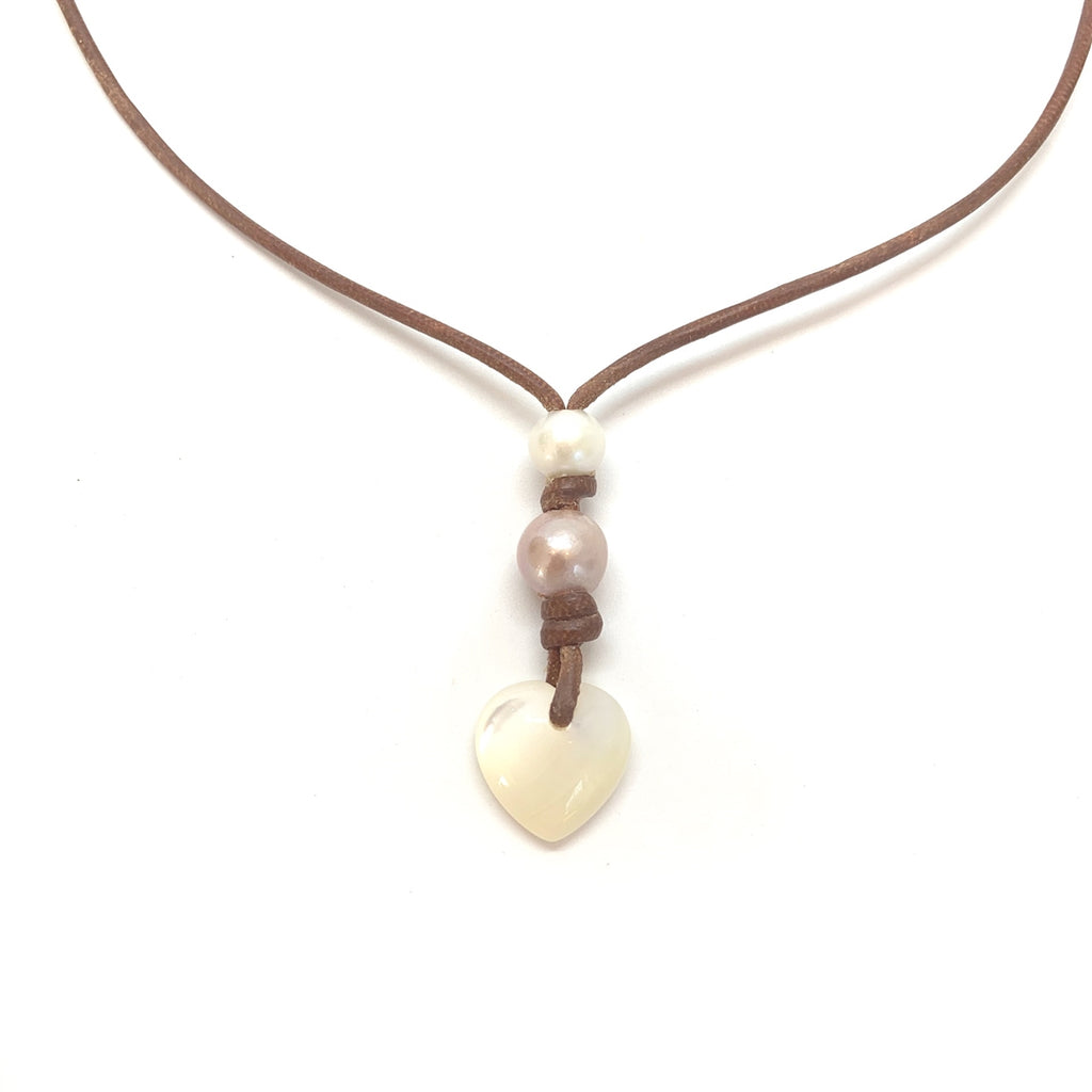 Wendy Mignot Amour Saba Double Pearl and Leather Heart Necklace