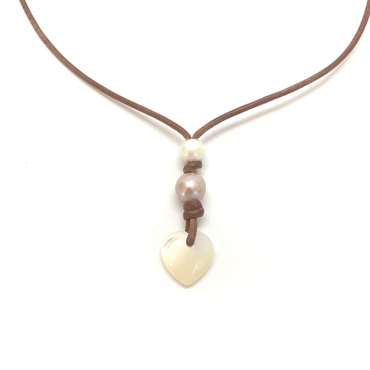 Wendy Mignot Amour Saba Double Pearl and Leather Heart Necklace