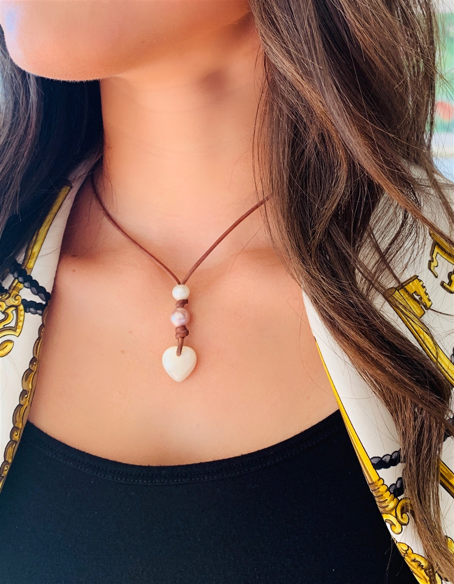 Wendy Mignot Amour Saba Double Pearl and Leather Heart Necklace