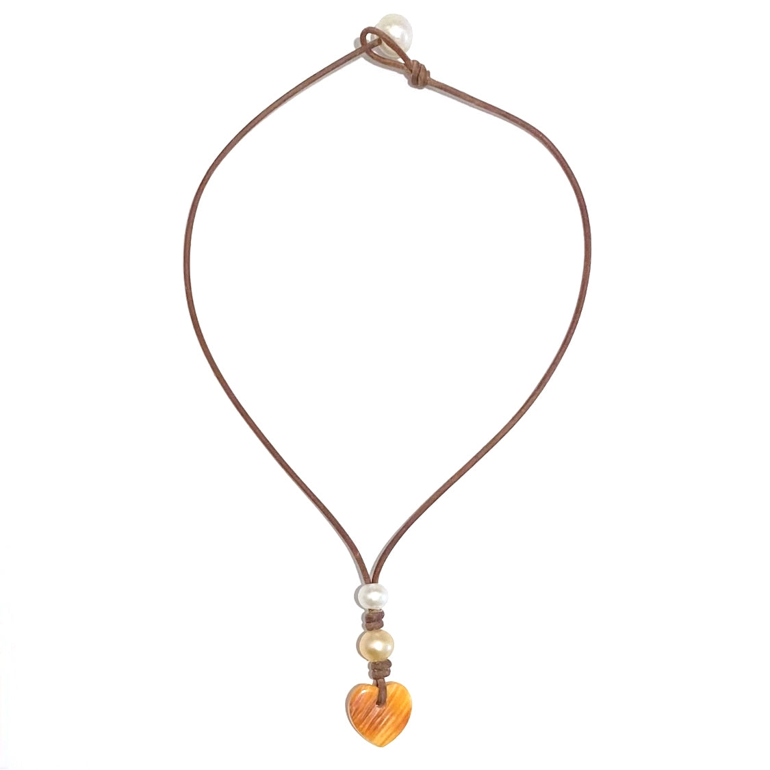 Wendy Mignot Amour Saba Double Pearl and Leather Heart Necklace - Lions Paw Shell