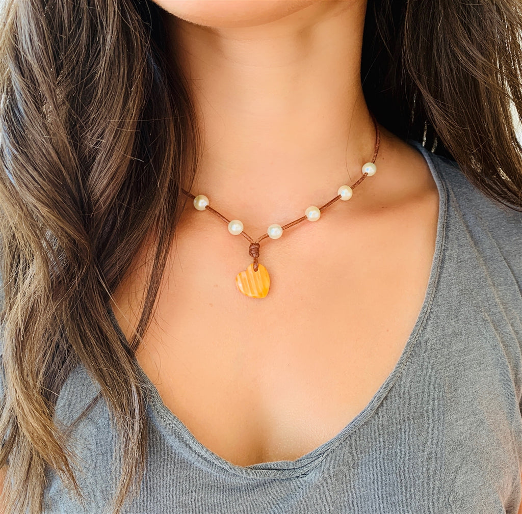 Wendy Mignot Amour Seacrest Lions Paw Shell Pearl and Leather Heart Necklace