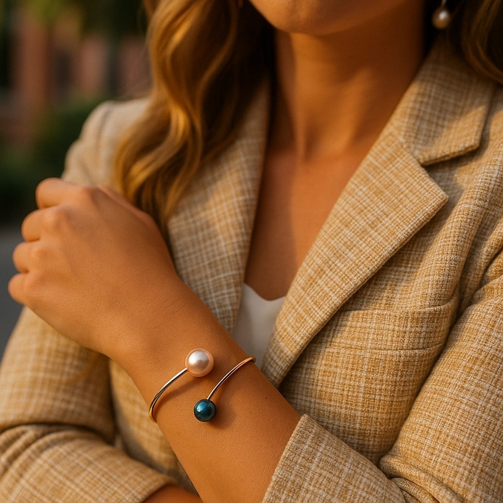 Wendy Mignot Adjustable Gold-filled Natalie Bangle with Tahitian and Freshwater Pearls (Black and Pink)