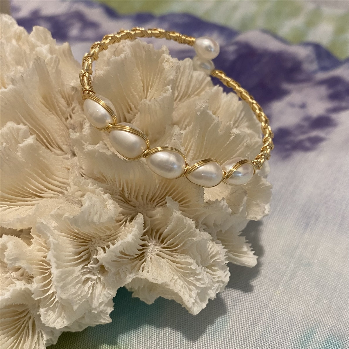 Bazille Breezy Freshwater Pearl Brass Wrap Bangle