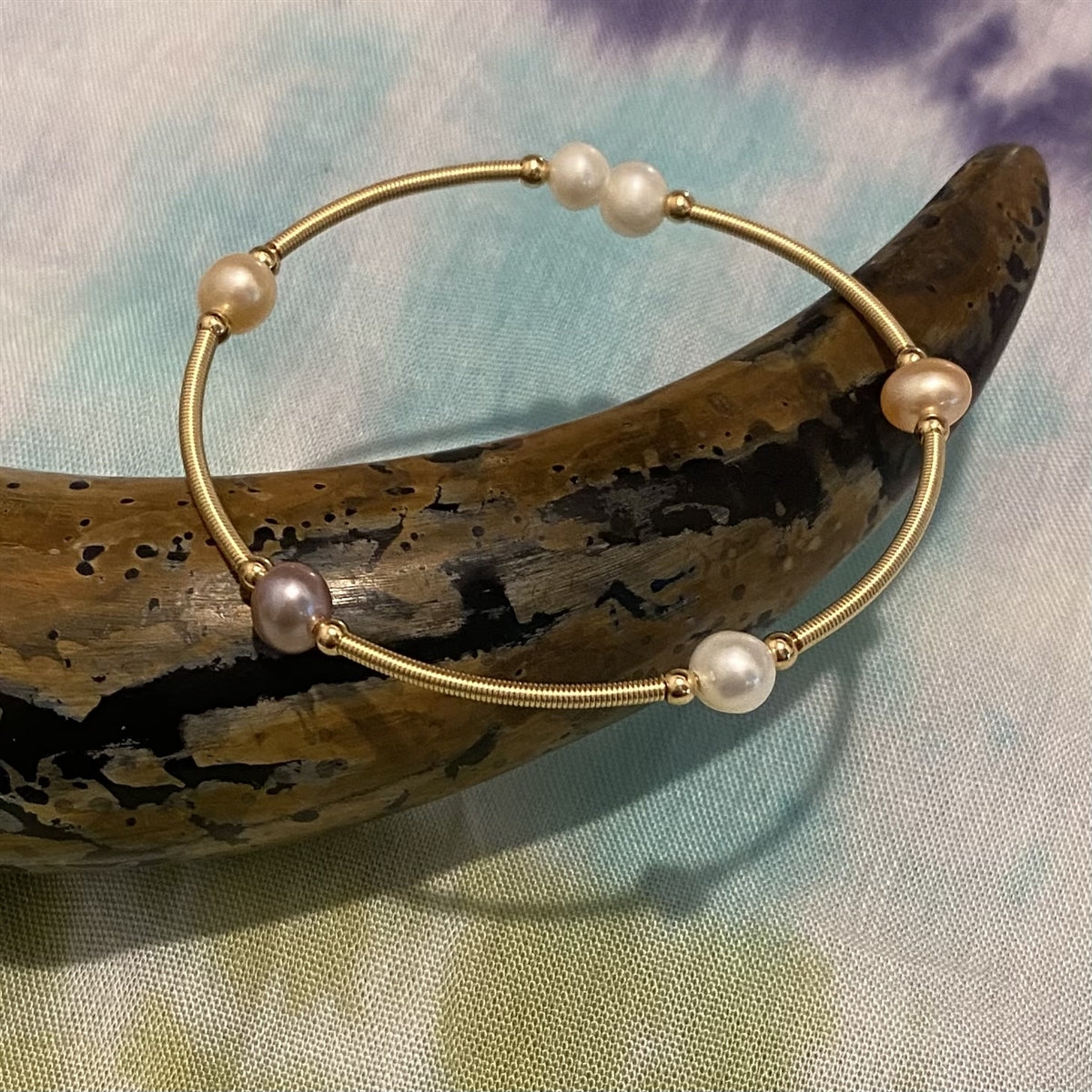 Rodin Brass and Freshwater Pearl Bangle Bracelet - Multi-
