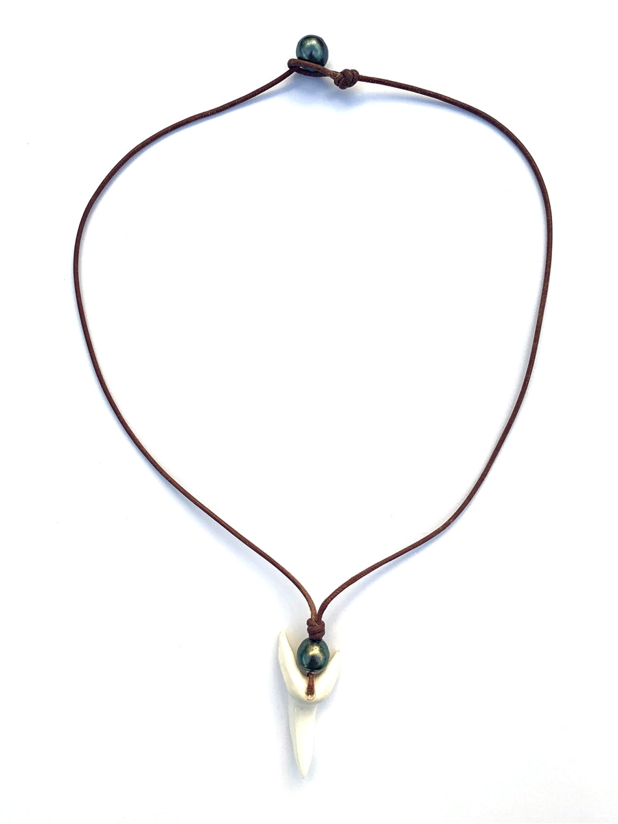 photo of Wendy Mignot Shark's Tooth and Tahitian Pearl and Leather Ryder Necklace
