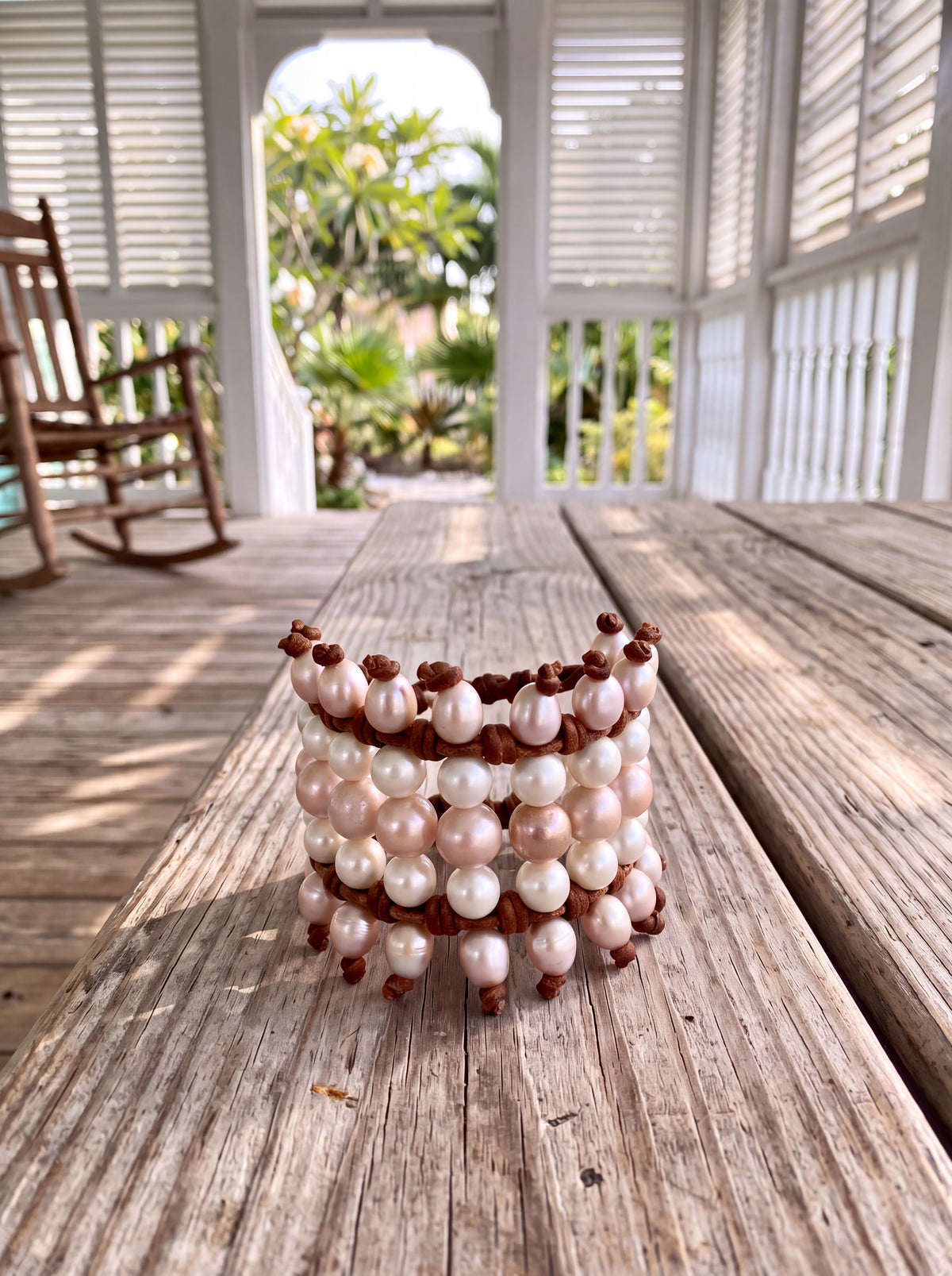 Wendy Mignot Freshwater Pearl and Leather Five-Level Cuff Bracelet