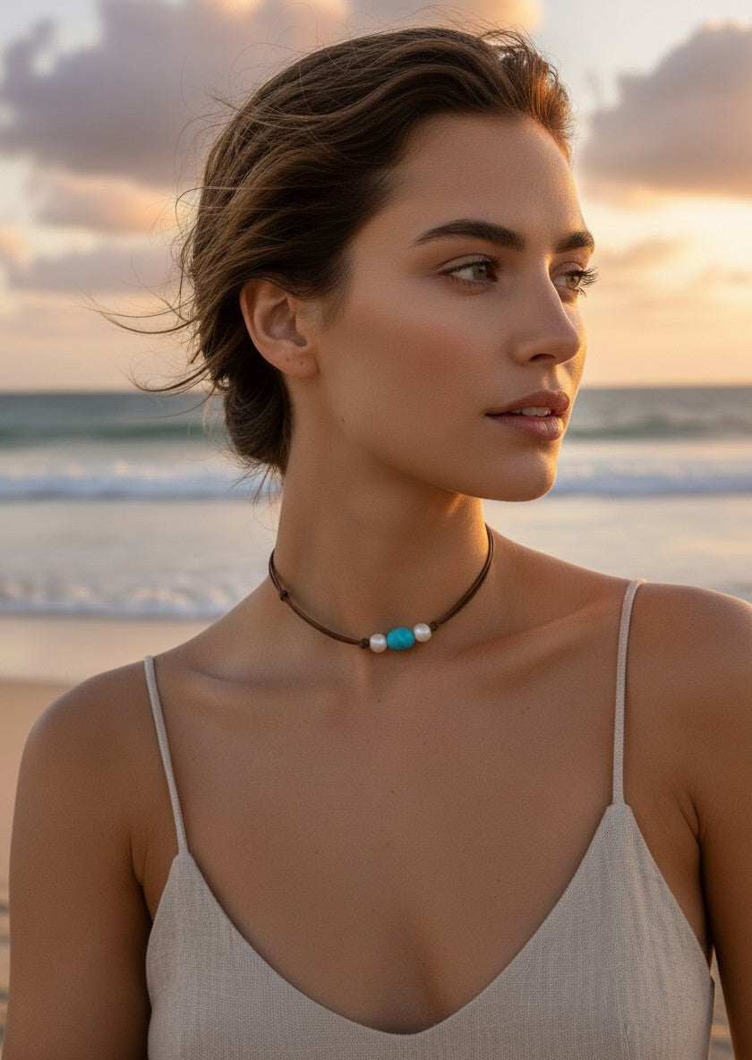 Wendy Mignot Freshwater Pearl and Leather with Turquoise Necklace with knots
