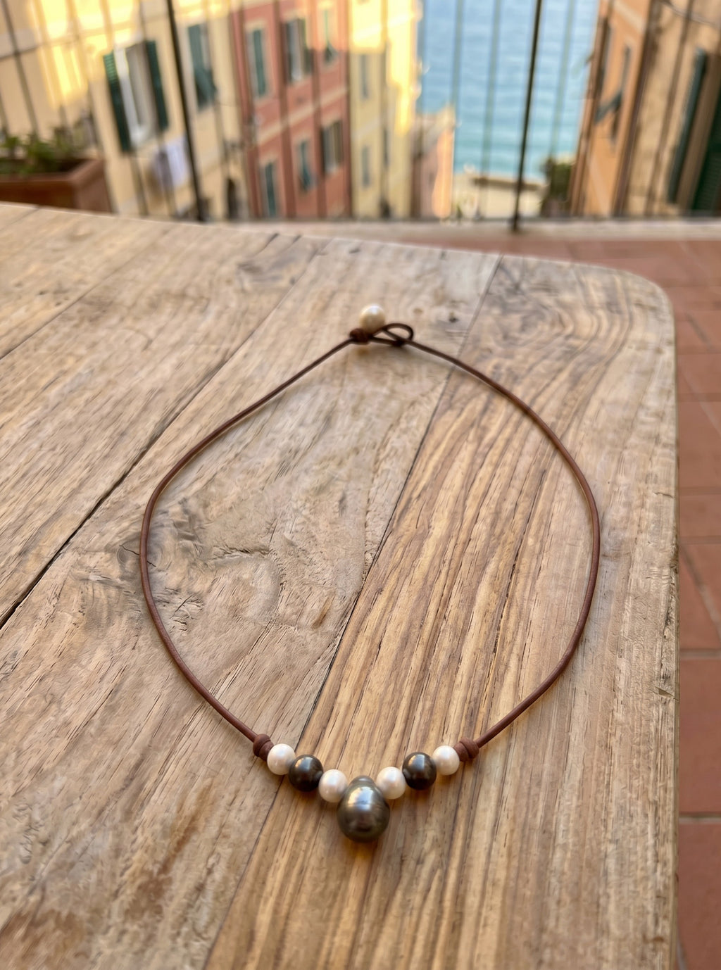 Wendy Mignot Lilly Freshwater and Tahitian Pearl and Leather Necklace