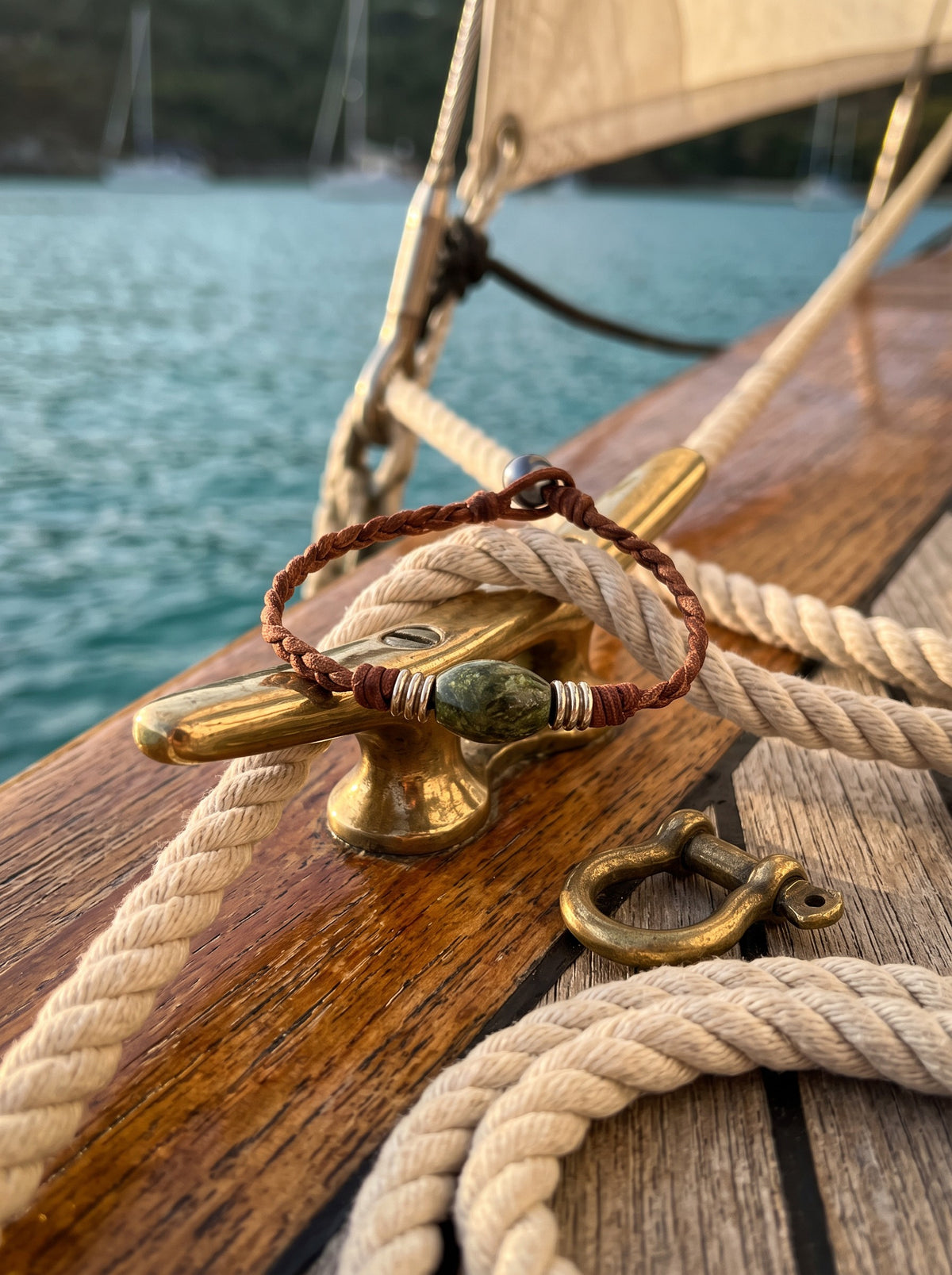 The Wanderer Tahitian Pearl and Braided Leather Bracelet-Unakite