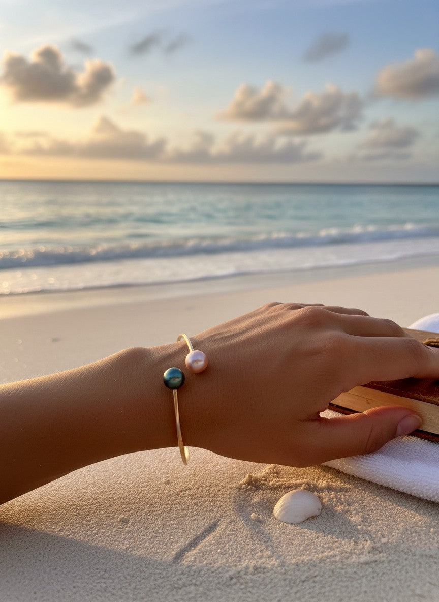 Wendy Mignot Adjustable Gold-filled Natalie Bangle with Tahitian and Freshwater Pearls (Black and Pink)