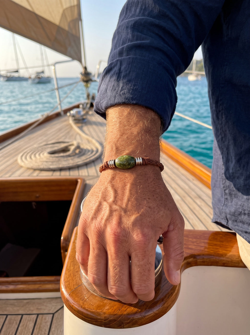 The Wanderer Tahitian Pearl and Braided Leather Bracelet-Unakite